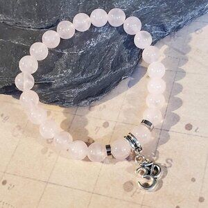 Om Aum Zen Mantra Mindfulness Pink Rose Quartz Gemstone Stretch Bracelet